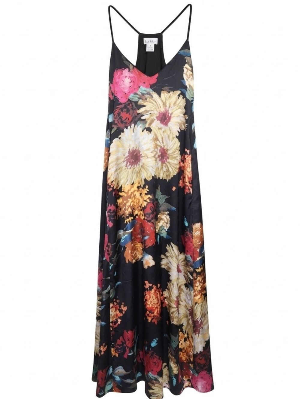 NICOLE MILLER Floral Satin Maxi Dress S Black Pockets Adjustable Straps